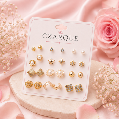Blossom Stud Earrings Set – 12 Pairs | Gold, Pearl & Crystal Collection