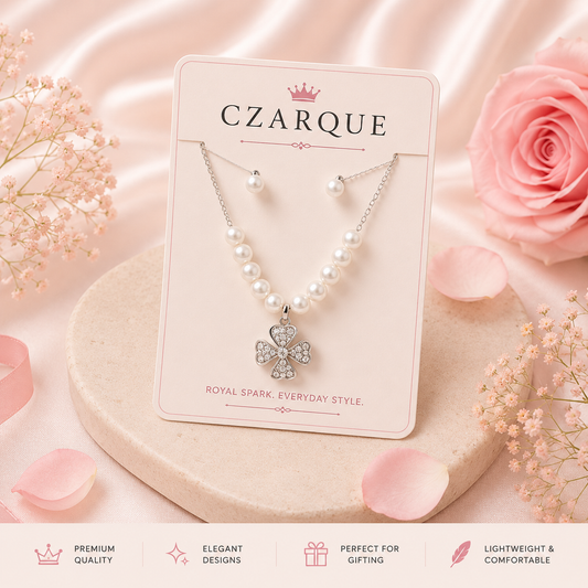 Pearl Blossom Clover Pendant Necklace & Stud Earrings Set